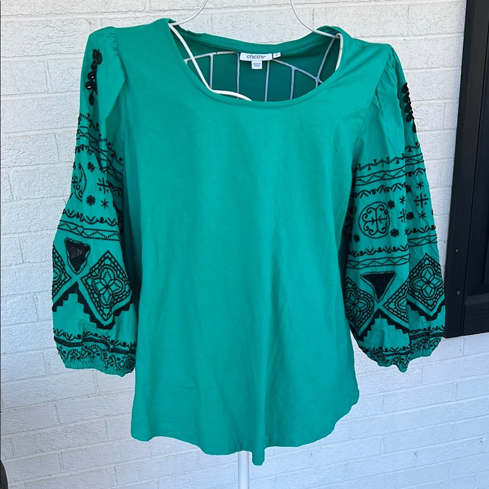 Chico's Green Puff Sleeve Blouse with Embellished Details